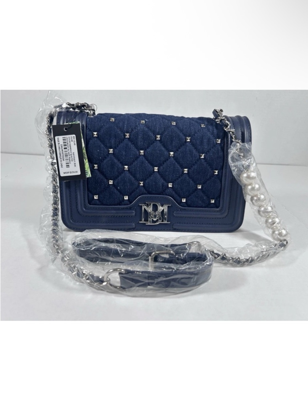 Quilted Navy Denim Crossbody Shoulder Bag with Pearl Chain